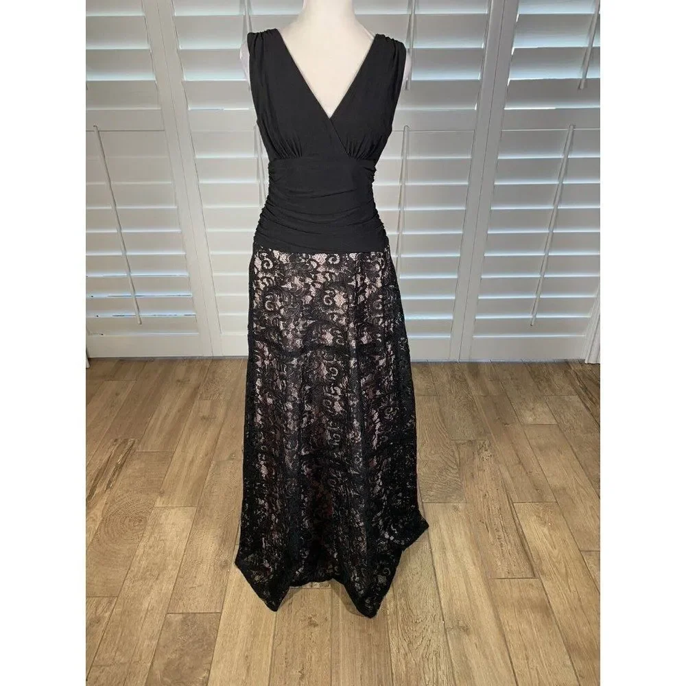 Y2K Black Evening Dress Retro Ruched Lace Skirt 6 Prom Formal SL Fashions Beauty